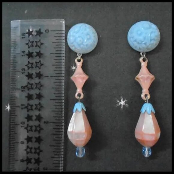 Pink & Blue Dangle Earrings Made with Vintage - One of a Kind - Picture 2 of 9